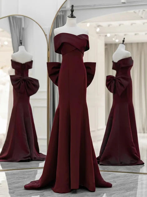Burgundy Satin mermaid off-the-shoulder lace-up-back floor-length Dress Front View - Aabei Dress