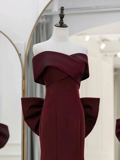 Burgundy Satin mermaid off-the-shoulder lace-up-back floor-length Dress - Aabei Dress