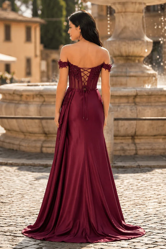 Burgundy Satin Mesh Lace A-Line Off-the-Shoulder Lace-up Floor-Length Dress Back View - Aabei Dress