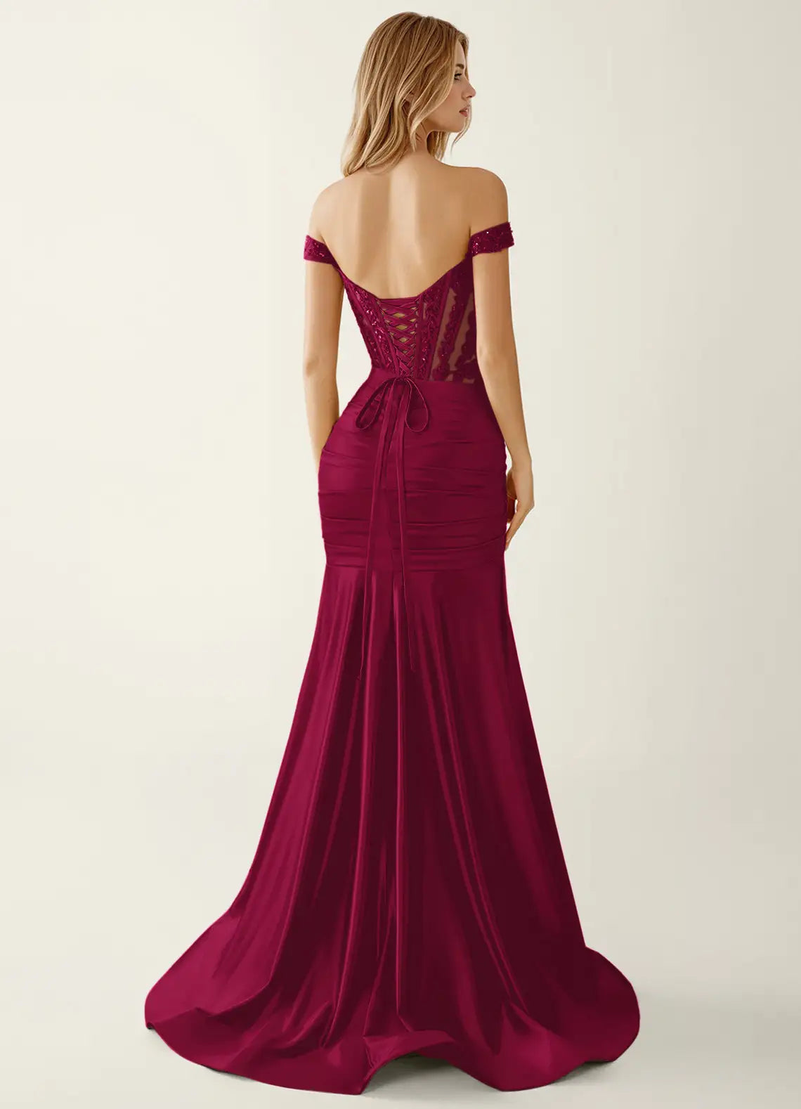 Burgundy Satin & Sequins Mermaid Off-the-Shoulder Floor-Length Dress Back View - Aabei Dress