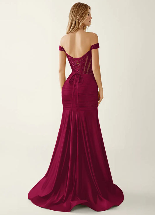 Burgundy Satin & Sequins Mermaid Off-the-Shoulder Floor-Length Dress Back View - Aabei Dress