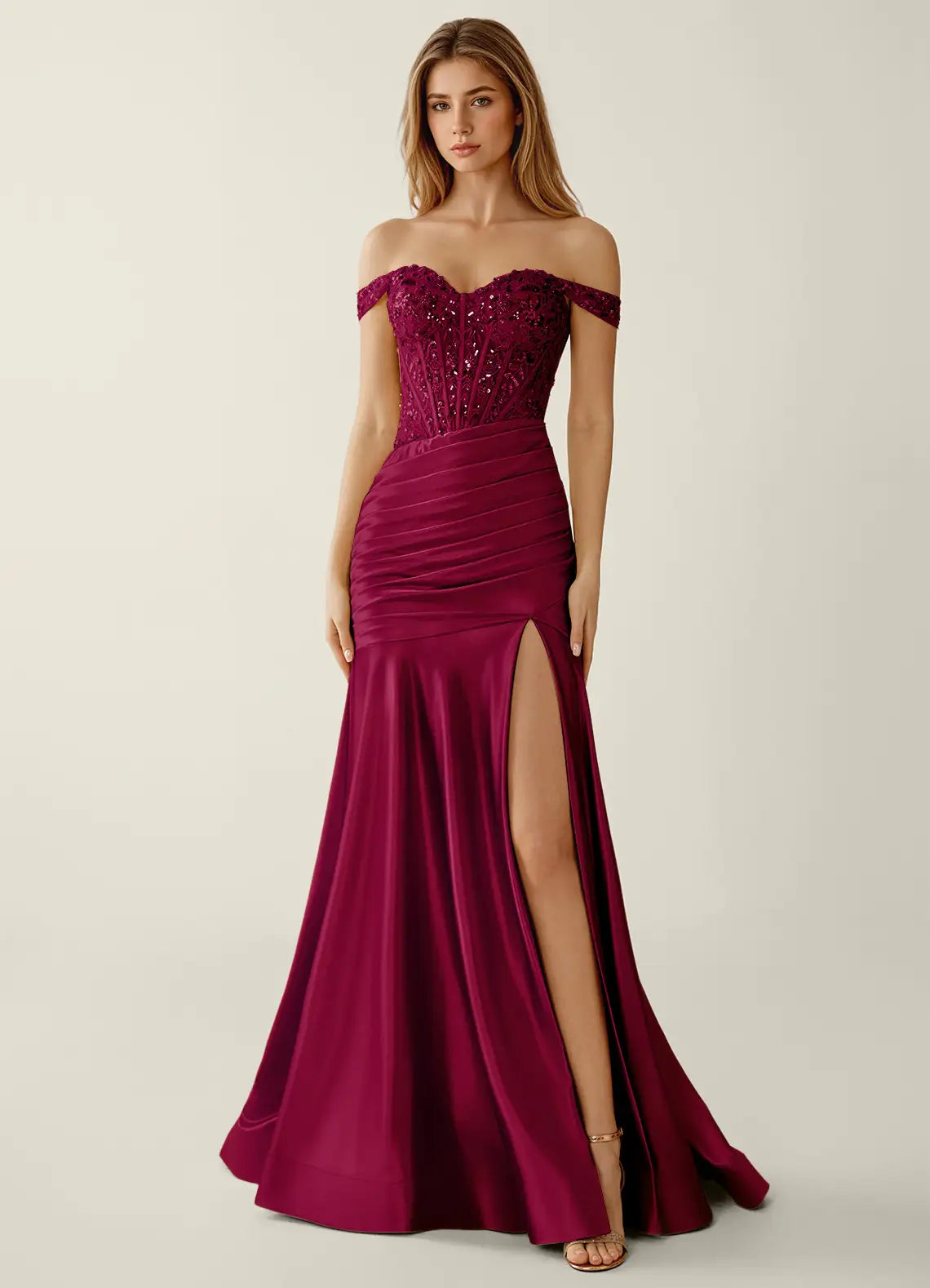 Burgundy Satin & Sequins Mermaid Off-the-Shoulder Floor-Length Dress Front View - Aabei Dress