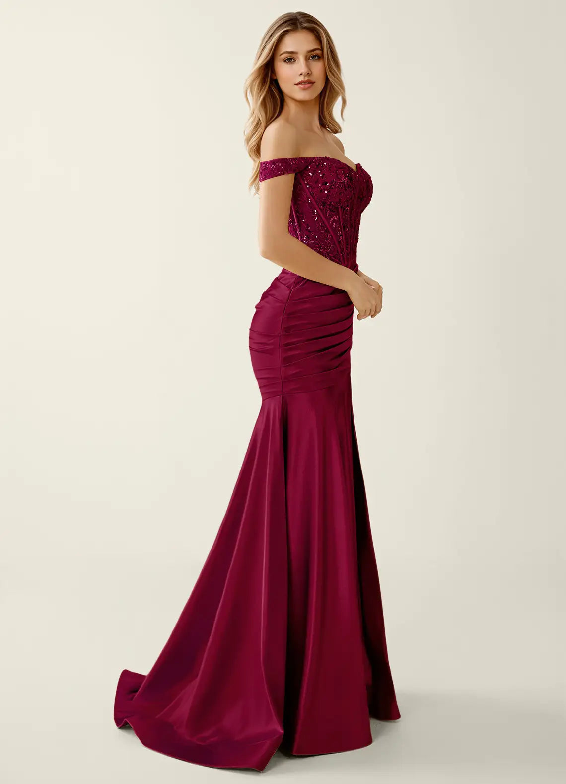 Burgundy Satin & Sequins Mermaid Off-the-Shoulder Floor-Length Dress - Aabei Dress