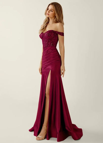 Burgundy Satin & Sequins Mermaid Off-the-Shoulder Floor-Length Dress - Aabei Dress
