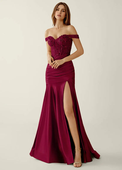 Burgundy Satin & Sequins Mermaid Off-the-Shoulder Floor-Length Dress - Aabei Dress