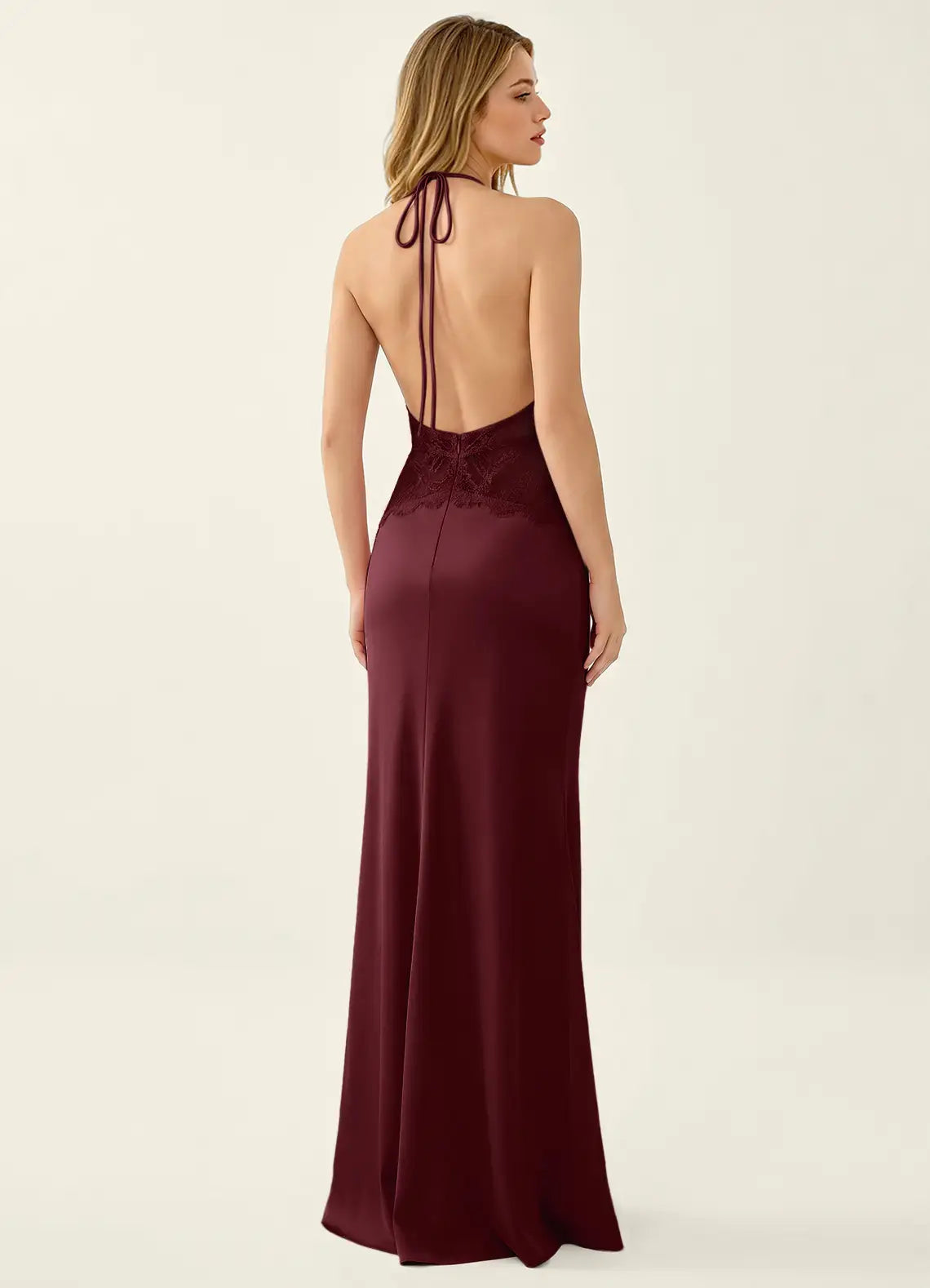 Burgundy Satin Sheath Column Halter Open Back Floor-Length Dress Back View - Aabei Dress