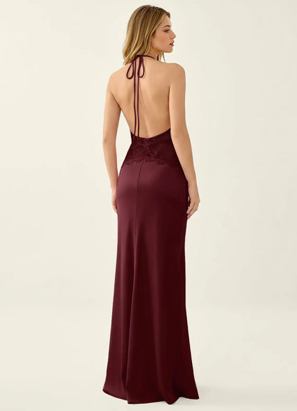 Burgundy Satin Sheath Column Halter Open Back Floor-Length Dress Back View - Aabei Dress