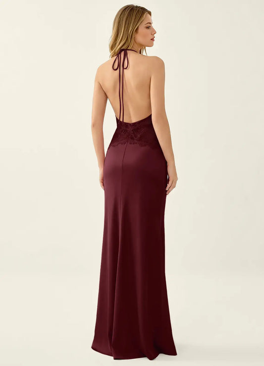 Burgundy Satin Sheath Column Halter Open Back Floor-Length Dress Back View - Aabei Dress