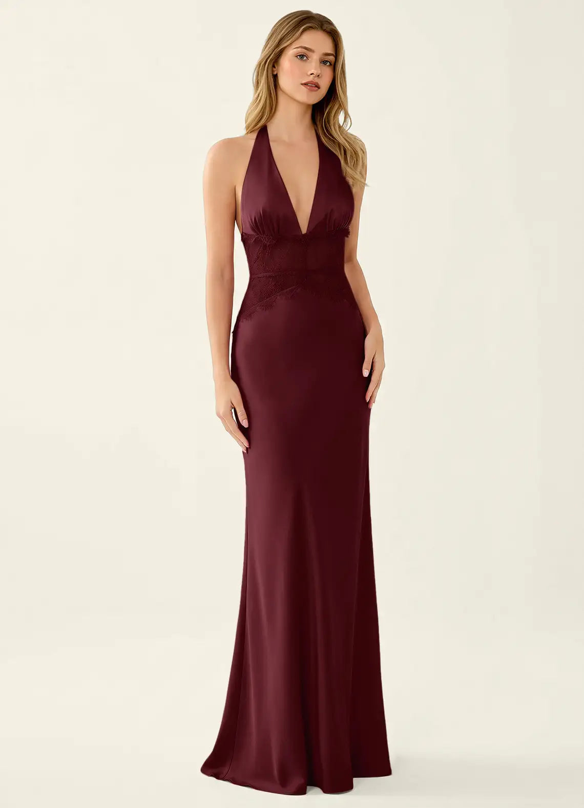 Burgundy Satin Sheath Column Halter Open Back Floor-Length Dress Front View - Aabei Dress