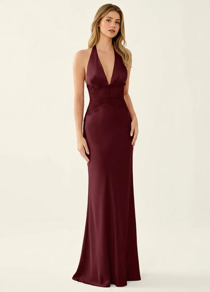 Burgundy Satin Sheath Column Halter Open Back Floor-Length Dress Front View - Aabei Dress