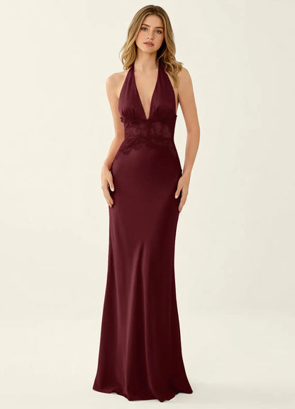 Burgundy Satin Sheath Column Halter Open Back Floor-Length Dress - Aabei Dress