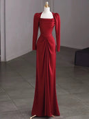 Burgundy Satin sheath-column square-neck zipper-back floor-length Dress Front View - Aabei Dress