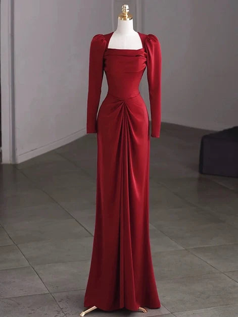 Burgundy Satin sheath-column square-neck zipper-back floor-length Dress Front View - Aabei Dress