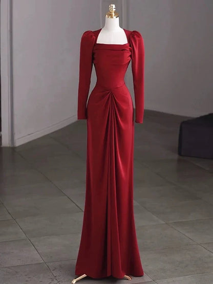 Burgundy Satin sheath-column square-neck zipper-back floor-length Dress Front View - Aabei Dress