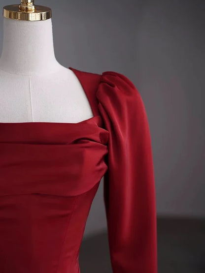 Burgundy Satin sheath-column square-neck zipper-back floor-length Dress - Aabei Dress