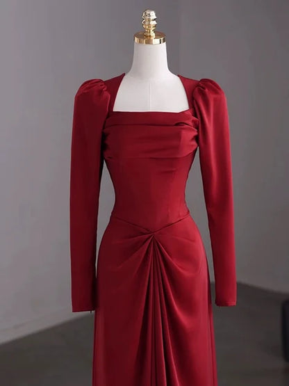 Burgundy Satin sheath-column square-neck zipper-back floor-length Dress - Aabei Dress