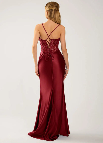 Burgundy Satin Sheath-Column Sweetheart Lace-Up Back Floor-Length Dress Back View - Aabei Dress