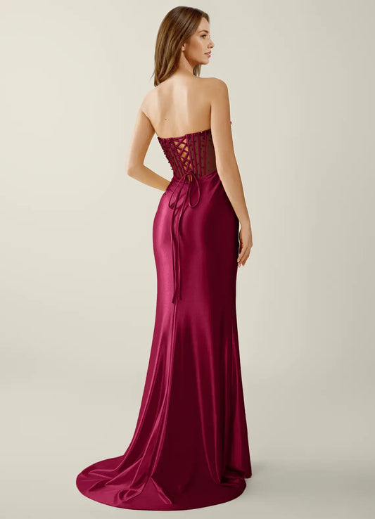 Burgundy Satin sheath-column sweetheart lace-up-back floor-length Dress Back View - Aabei Dress