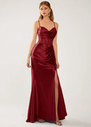 Burgundy Satin Sheath-Column Sweetheart Lace-Up Back Floor-Length Dress Front View - Aabei Dress