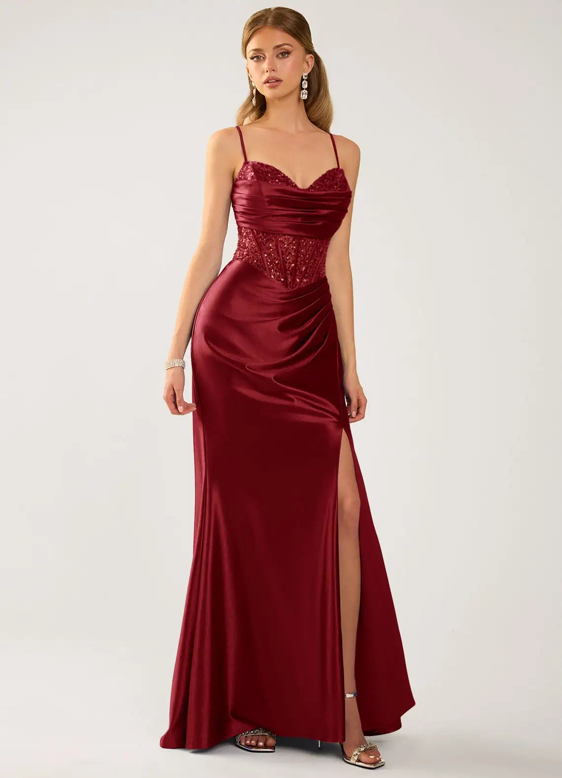 Burgundy Satin Sheath-Column Sweetheart Lace-Up Back Floor-Length Dress Front View - Aabei Dress