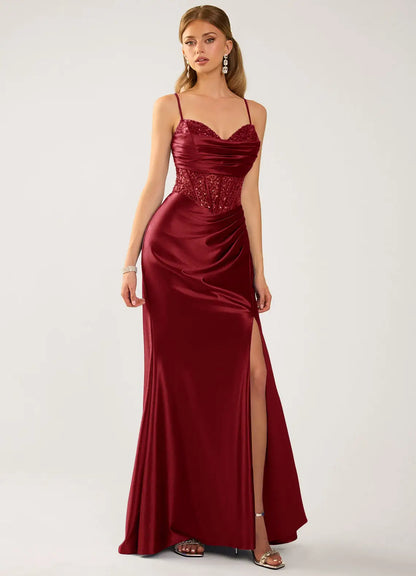 Burgundy Satin Sheath-Column Sweetheart Lace-Up Back Floor-Length Dress Front View - Aabei Dress