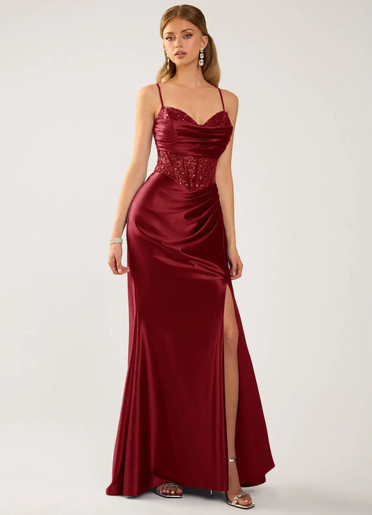 Burgundy Satin Sheath-Column Sweetheart Lace-Up Back Floor-Length Dress Front View - Aabei Dress
