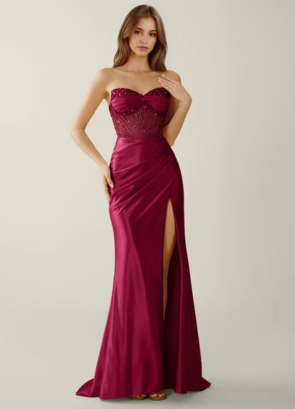 Burgundy Satin sheath-column sweetheart lace-up-back floor-length Dress - Aabei Dress