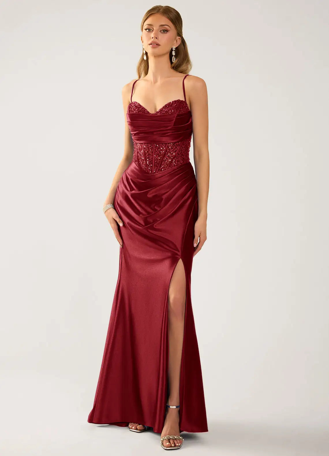 Burgundy Satin Sheath-Column Sweetheart Lace-Up Back Floor-Length Dress - Aabei Dress