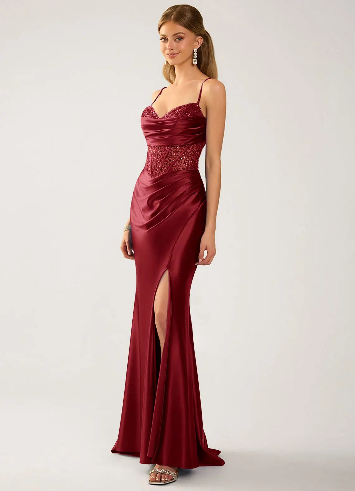 Burgundy Satin Sheath-Column Sweetheart Lace-Up Back Floor-Length Dress - Aabei Dress