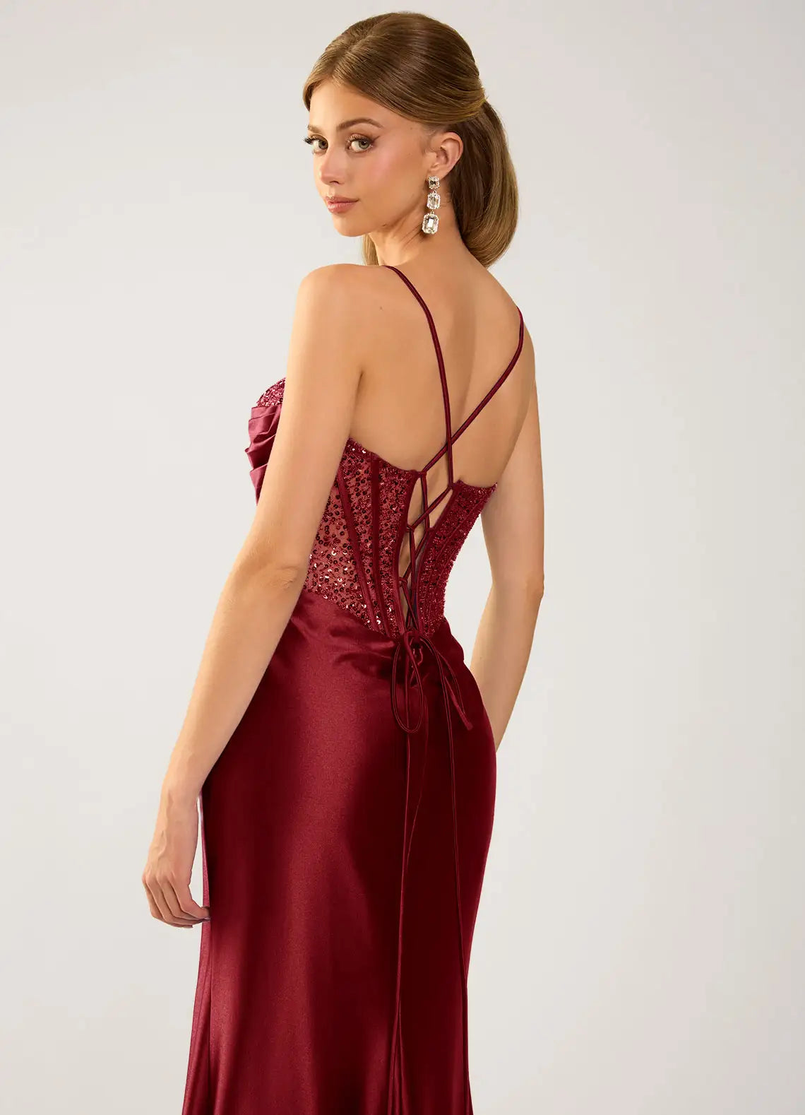Burgundy Satin Sheath-Column Sweetheart Lace-Up Back Floor-Length Dress - Aabei Dress