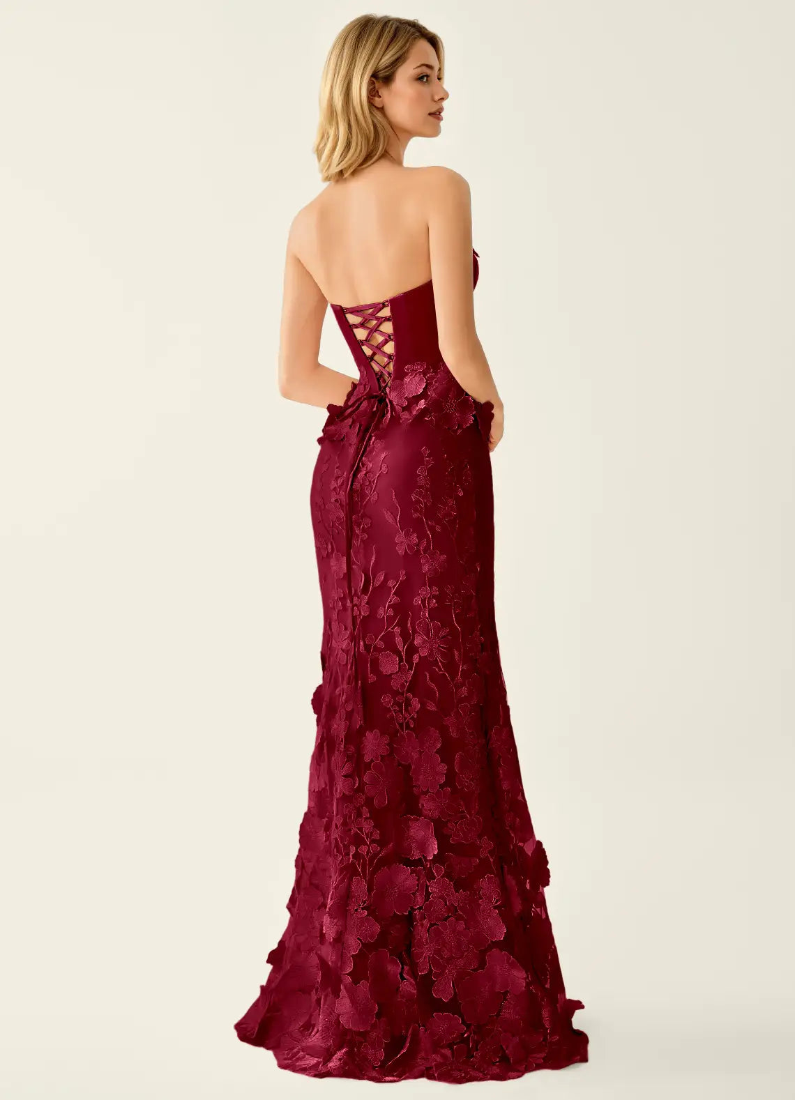 Burgundy Satin Trumpet Sweetheart Lace-Up Back Floor-Length Dress Back View - Aabei Dress