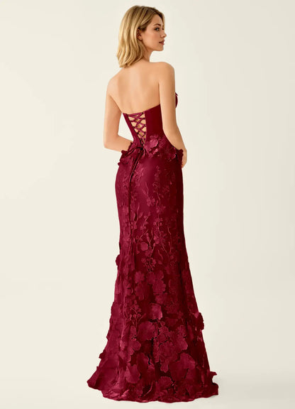 Burgundy Satin Trumpet Sweetheart Lace-Up Back Floor-Length Dress Back View - Aabei Dress