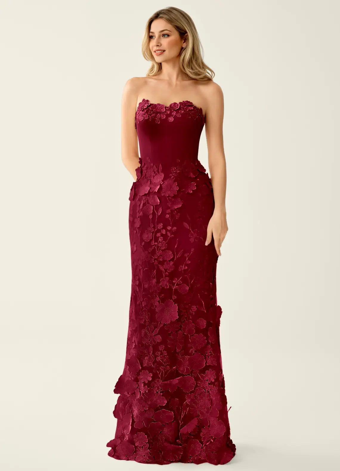 Burgundy Satin Trumpet Sweetheart Lace-Up Back Floor-Length Dress Front View - Aabei Dress