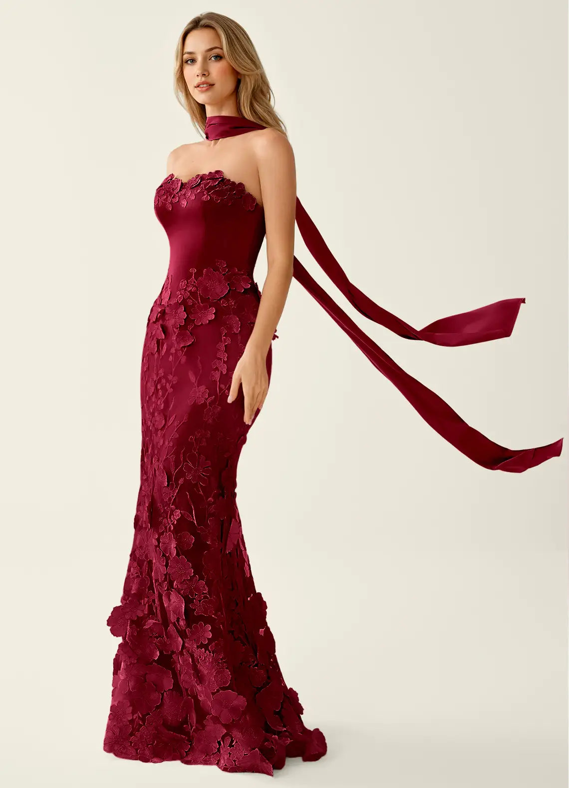 Burgundy Satin Trumpet Sweetheart Lace-Up Back Floor-Length Dress - Aabei Dress
