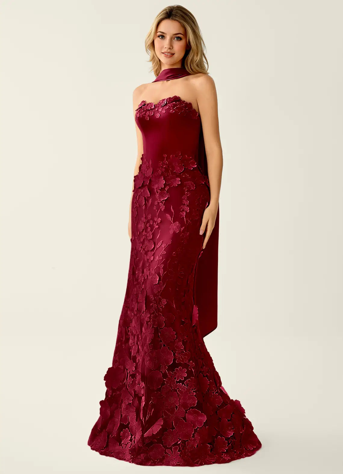 Burgundy Satin Trumpet Sweetheart Lace-Up Back Floor-Length Dress - Aabei Dress