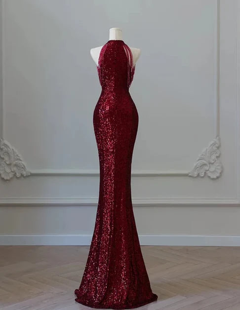 Burgundy Sequin Mermaid Halter Open Back Floor-Length Dress Front View - Aabei Dress
