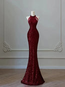 Burgundy Sequin Mermaid Halter Open Back Floor-Length Dress - Aabei Dress