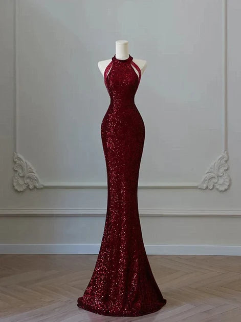 Burgundy Sequin Mermaid Halter Open Back Floor-Length Dress - Aabei Dress