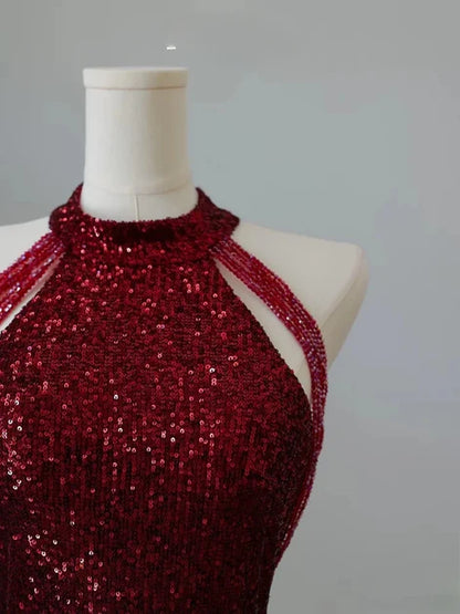Burgundy Sequin Mermaid Halter Open Back Floor-Length Dress - Aabei Dress