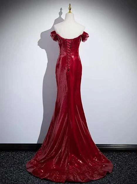 Burgundy Sequin Mermaid Off-the-Shoulder Lace-Up Back Floor-Length Dress Back View - Aabei Dress