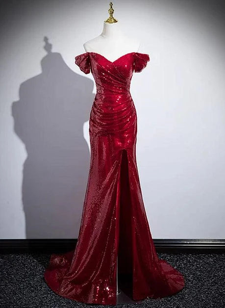 Burgundy Sequin Mermaid Off-the-Shoulder Lace-Up Back Floor-Length Dress Front View - Aabei Dress