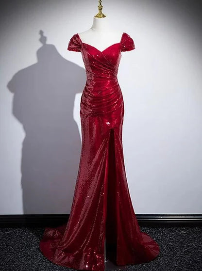 Burgundy Sequin Mermaid Off-the-Shoulder Lace-Up Back Floor-Length Dress - Aabei Dress
