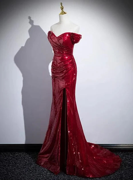 Burgundy Sequin Mermaid Off-the-Shoulder Lace-Up Back Floor-Length Dress - Aabei Dress