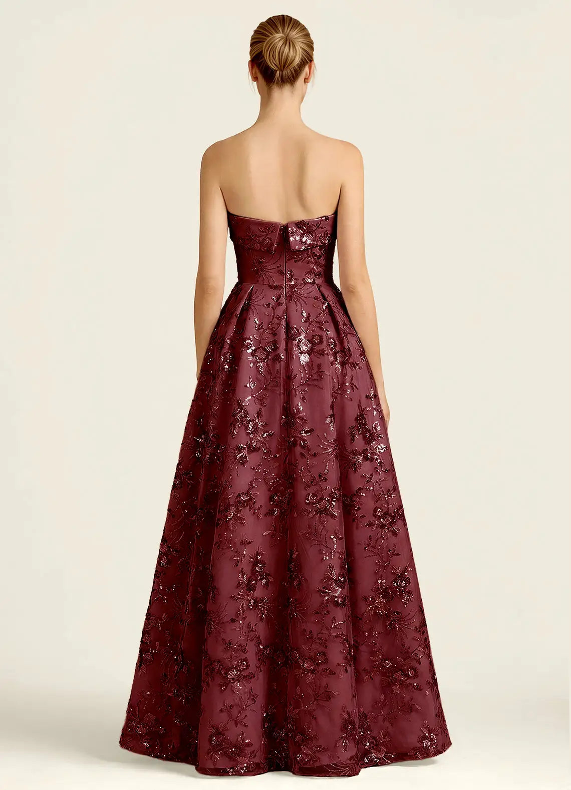 Burgundy Sequin Mesh A-Line Strapless Zipper Back Floor-Length Dress Back View - Aabei Dress
