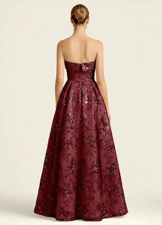 Burgundy Sequin Mesh A-Line Strapless Zipper Back Floor-Length Dress Back View - Aabei Dress