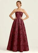 Burgundy Sequin Mesh A-Line Strapless Zipper Back Floor-Length Dress Front View - Aabei Dress