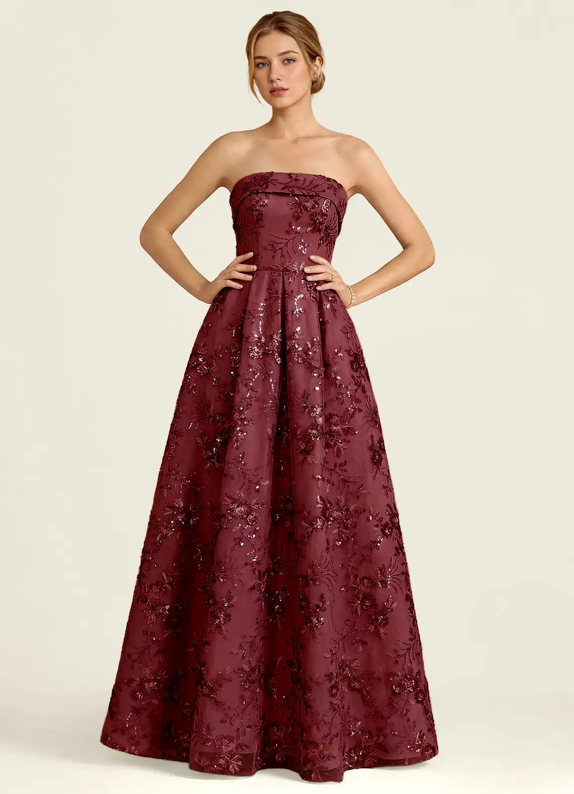 Burgundy Sequin Mesh A-Line Strapless Zipper Back Floor-Length Dress Front View - Aabei Dress