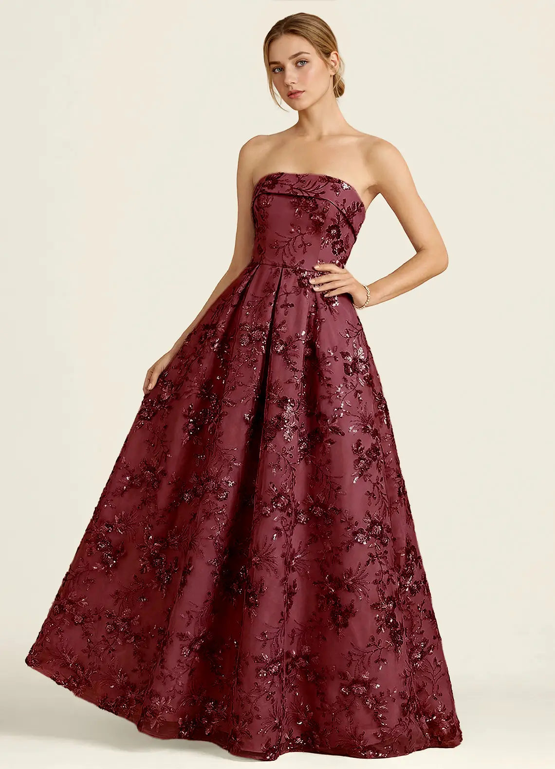 Burgundy Sequin Mesh A-Line Strapless Zipper Back Floor-Length Dress - Aabei Dress