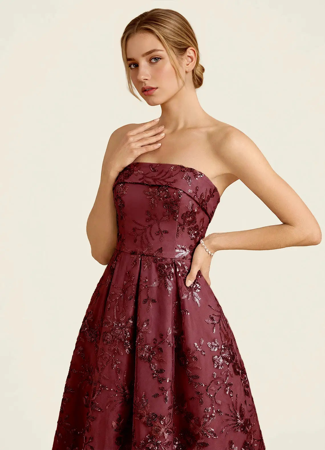 Burgundy Sequin Mesh A-Line Strapless Zipper Back Floor-Length Dress - Aabei Dress