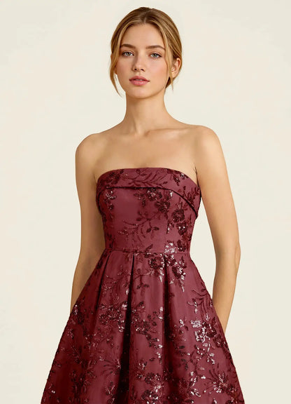 Burgundy Sequin Mesh A-Line Strapless Zipper Back Floor-Length Dress - Aabei Dress